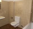 Beige tiled walls, beige tiled floor, white sink, white toilet, white bathtub, light fixture