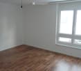 Empty room with wooden flooring and white walls, featuring large windows and a single light fixture.