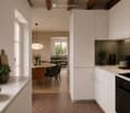 Modern kitchen with white cabinets, a central island, and a dining area visible through an open doorway. The kitchen features a built-in oven, coffee maker, and various decorative items including a potted plant and a bowl of vegetables on the counter.