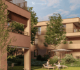 Modern multi-story residential building with balconies, surrounded by a landscaped garden with lounge chairs, umbrella, and greenery.
