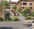 Courtyard area with modern buildings, greenery, benches, and people walking and sitting.