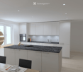 Modern kitchen with white cabinets, black countertop, built-in oven, sink, and a wooden dining table with chairs. A large pendant light hangs from the ceiling.