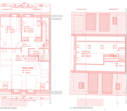 Floor plan of a two-story building showing layout and dimensions for each room, including living/dining area, bedrooms, bathrooms, and attic spaces.