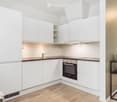 Modern kitchen with white cabinets, stainless steel sink, oven, and a small black table with a cactus.