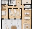 Floor plan of a 3-story apartment building with labeled rooms including living/dining/kitchen area, three bedrooms, bathrooms, hallway, entrance, storage, and laundry area.