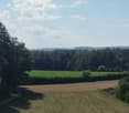A rural landscape with fields, trees, and a winding path under a partly cloudy sky.