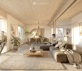 Bright living room with wooden ceiling and walls, large windows offering a view, sofa, coffee table, dining area with chairs, pendant light, and decorative vases.