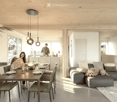 Open-plan living and dining area with a grey sectional sofa, wooden dining table with chairs, pendant lights, and a kitchen island in the background.