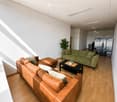 Modern living room with light wooden flooring, white walls, and large windows allowing natural light. Features a brown leather sofa, green velvet sofa, black coffee table, ottoman, and small potted plants.