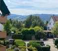 Garden with neatly trimmed hedges, a paved driveway, and a scenic view of a valley and distant mountains.