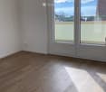 Empty room with wooden flooring and large windows offering a scenic view of mountains and a lake.