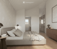 Bedroom. Modern bedroom with a grey upholstered bed, white bedding, nightstand with a table lamp, floor lamp, wooden drawer unit, and a large abstract picture on the wall.