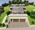 Modern two-story house with large windows, balconies, swimming pool, and garage.