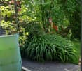 A lush garden area with a covered seating space, featuring a green table with a polka dot tablecloth, green chairs, and a wicker chair, surrounded by various plants and trees.