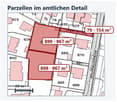 Floor plan showing multiple plots with area measurements in square meters, labeled with plot numbers and dimensions.