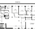 Floor plan showing a layout with multiple rooms including a kitchen, storage/archive, hallway, and several numbered rooms with dimensions.