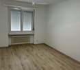 Empty room with wooden flooring, white walls, and a large window with blinds. A radiator is visible below the window, and a ceiling light fixture is present.