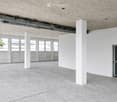 Empty room with white walls, grey carpeted floor, large windows, and white structural columns.