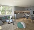 Modern open-plan living and dining area with grey sofa, glass coffee table, dining table with chairs, kitchen cabinets, pendant lights, and a view of greenery outside.