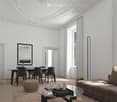 Elegant living and dining area with a curved ceiling, large windows, and modern furniture including a sofa, coffee table, ottoman, dining table, and chairs.