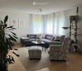 Modern living room with grey sectional sofa, patterned armchair, ottoman, coffee table, cat tree, large plant, and artwork on the wall.