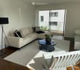 Modern living room with a white sectional sofa, black and white throw pillows, a round black coffee table with a potted plant, a white modern chair, and a tall floor lamp. Large windows and a balcony are visible.
