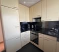 Modern kitchen with light-colored cabinets, black countertops, stainless steel appliances, and a built-in oven.