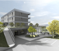 Modern multi-story building with a raised ground floor, outdoor seating area, and parking lot.