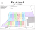 Floor plan showing multiple plots and sections with labeled areas and measurements, including various colored zones and numerical designations.
