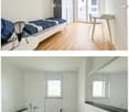 The top image shows a modern, minimalist bedroom with a single bed, a chair, a small table, and a wardrobe. The bottom image depicts a sleek, contemporary bathroom featuring a bathtub, sink, and toilet, all set against white tiled walls and dark flooring.