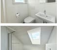 Two modern bathrooms with white tiles, a toilet, sink, mirror, and bathtub. The second bathroom features a skylight window and dark tiled flooring.