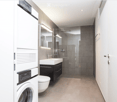 Modern bathroom with a white sink, mirror, toilet, and a glass-enclosed shower. A washing machine is visible on the left side.