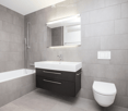 Modern bathroom with grey tiled walls and floor, featuring a bathtub, sink with a black cabinet, toilet, and a mirrored cabinet with built-in lighting above the sink.