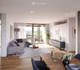 Modern living and dining area with large windows offering a scenic view, featuring a grey sectional sofa, wooden coffee table, dining table with chairs, and built-in storage units.
