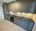 Modern kitchen with grey cabinets, stainless steel sink, oven, and stove, featuring a dark countertop and light-colored walls.