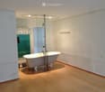Bathroom with a freestanding bathtub, glass shower enclosure, and a decorative mirror. Light wooden flooring and white walls.