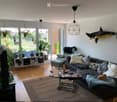 Modern living room with a dark sectional sofa, coffee table, armchair, ottoman, and a cat resting on the sofa. The room features large windows with plants, a hanging geometric light fixture, and a decorative shark wall art.