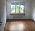 empty room with wooden floor, windows with shutters, white walls, radiator, door