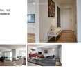 Modern, open-plan living and dining area with a sleek kitchen island, comfortable seating, and large windows offering a view. The space features contemporary furniture, including a sofa, armchairs, and a coffee table, complemented by a stylish floor lamp