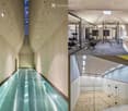 A modern corridor with a glass floor and textured walls, leading to a gym area with exercise equipment and a squash court with glass walls.