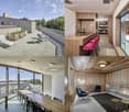 Four images showing a modern house with a rooftop terrace, kitchen, dining area, and living room. The terrace features lounge chairs and planters, the kitchen has a bar counter and stools, the dining area includes a long wooden table and chairs, and the l