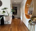 Modern hallway with wooden flooring, built-in closet, decorative wall-mounted mirror, and small plant in a pot.