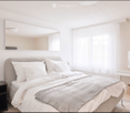 Modern, minimalist bedroom with a large bed, white bedding, a nightstand with a lamp, and a large mirror on the wall.