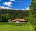A two-story house with a red-tiled roof, surrounded by a lush green lawn and dense forest, with snow-capped mountains in the background.