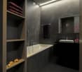 Modern bathroom with dark grey walls, a white bathtub, a sink with a mirror, and built-in shelving holding towels and decorative items.