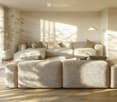 modern living room with white couch, wooden floor, large windows, potted plant, coffee table, floor lamp