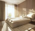 A bedroom with a large bed, wooden floor, wooden wall, large window, curtains, rug, nightstand, and lamps