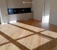 Empty kitchen with light wood flooring, modern cabinetry, and a built-in oven. Sunlight streams in from a window, casting shadows on the floor.