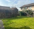 Lush green lawn with a concrete pathway leading to a house, surrounded by trees and shrubs.