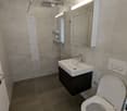 Modern bathroom with a white sink, toilet, large mirror, and glass-enclosed shower area.